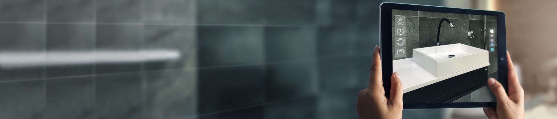 augmented reality app in a tablet, showing a basin before construction. As example for next gen ecommerce, eg AR commerce